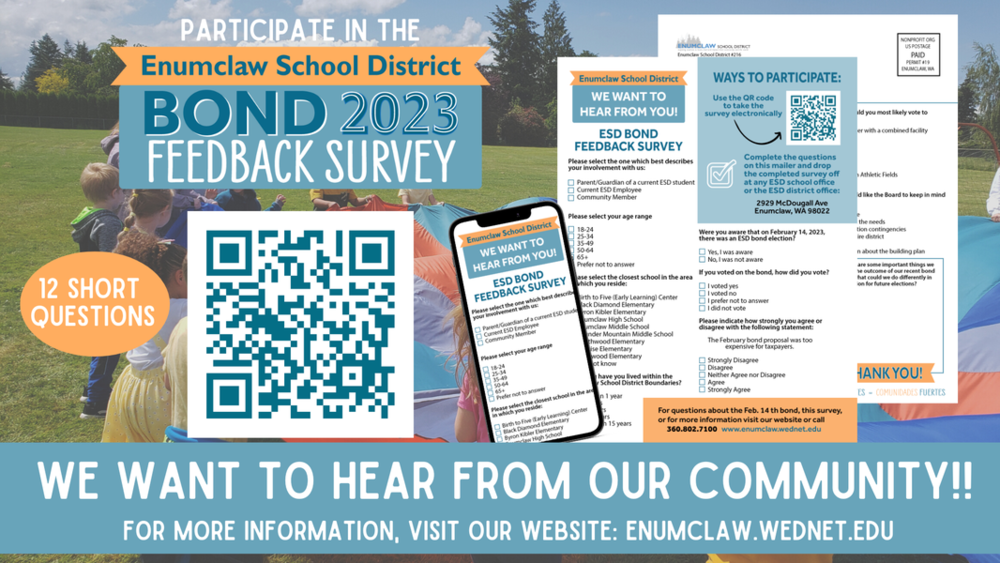 Enumclaw School District Bond 2023 Feedback Survey picture of the survey on mailer and on phone