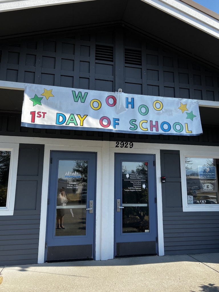 District Office Front Door with 1st day of school banner